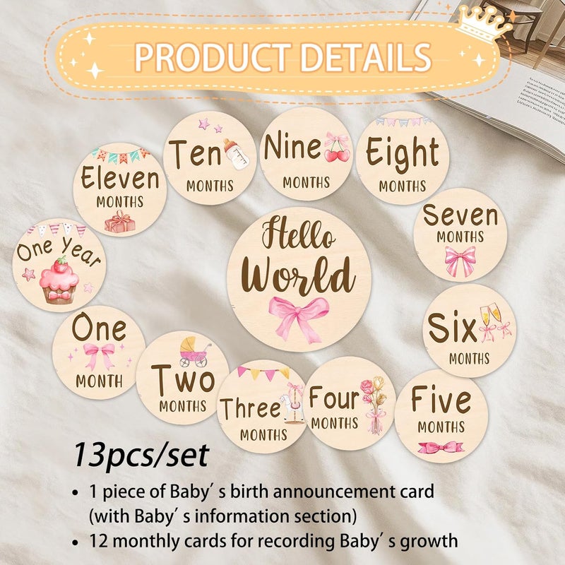 MCIAONE Baby Monthly Milestone Cards Sign - 13 Pcs Double Sided Baby Announcement Signs Bow, Pink Bow Wooden Milestone Circles Discs for Photo Props, Birth Announcement Marker Girl, Babies Welcome Card Gift - Image 3